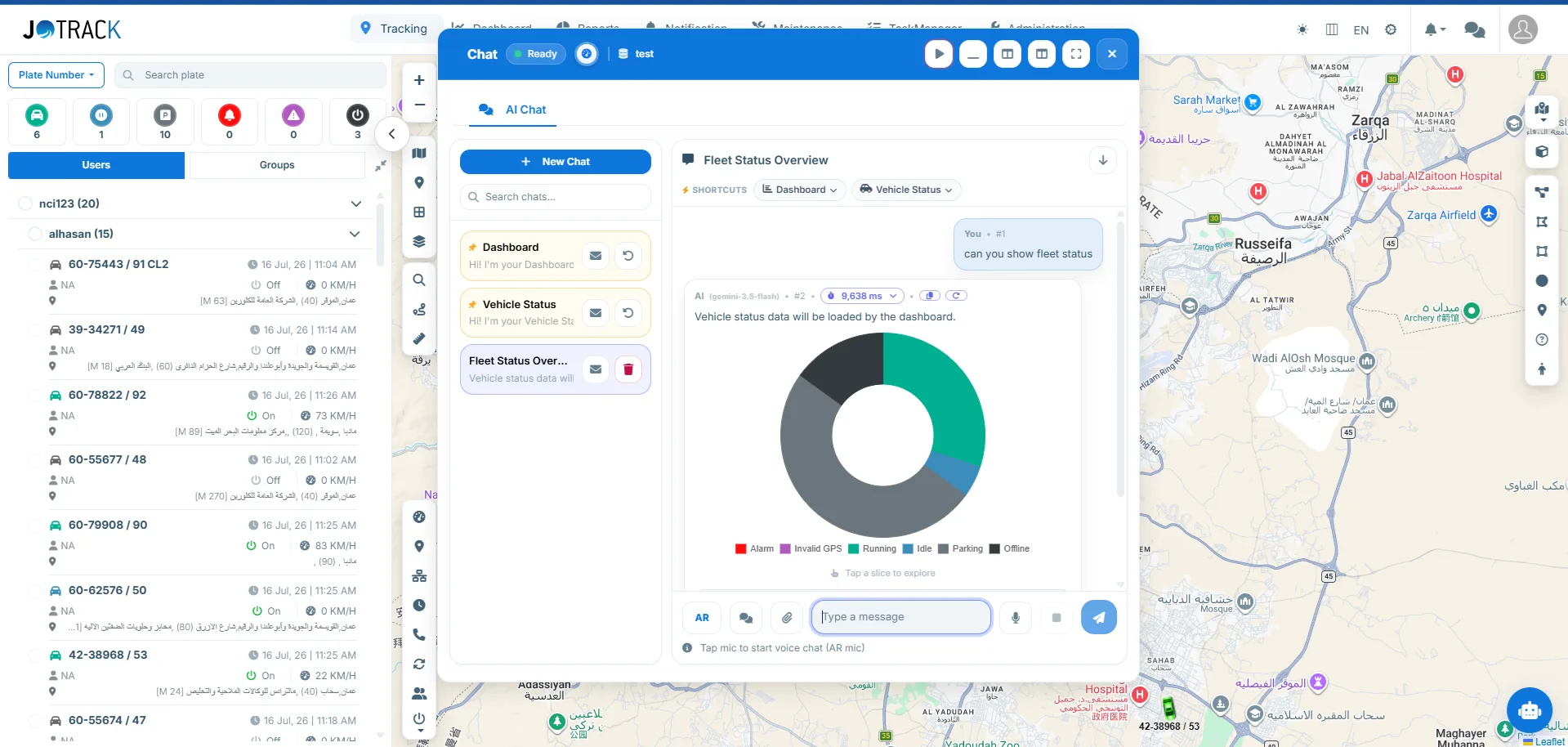 JoTrack AI assistant answering a fleet question