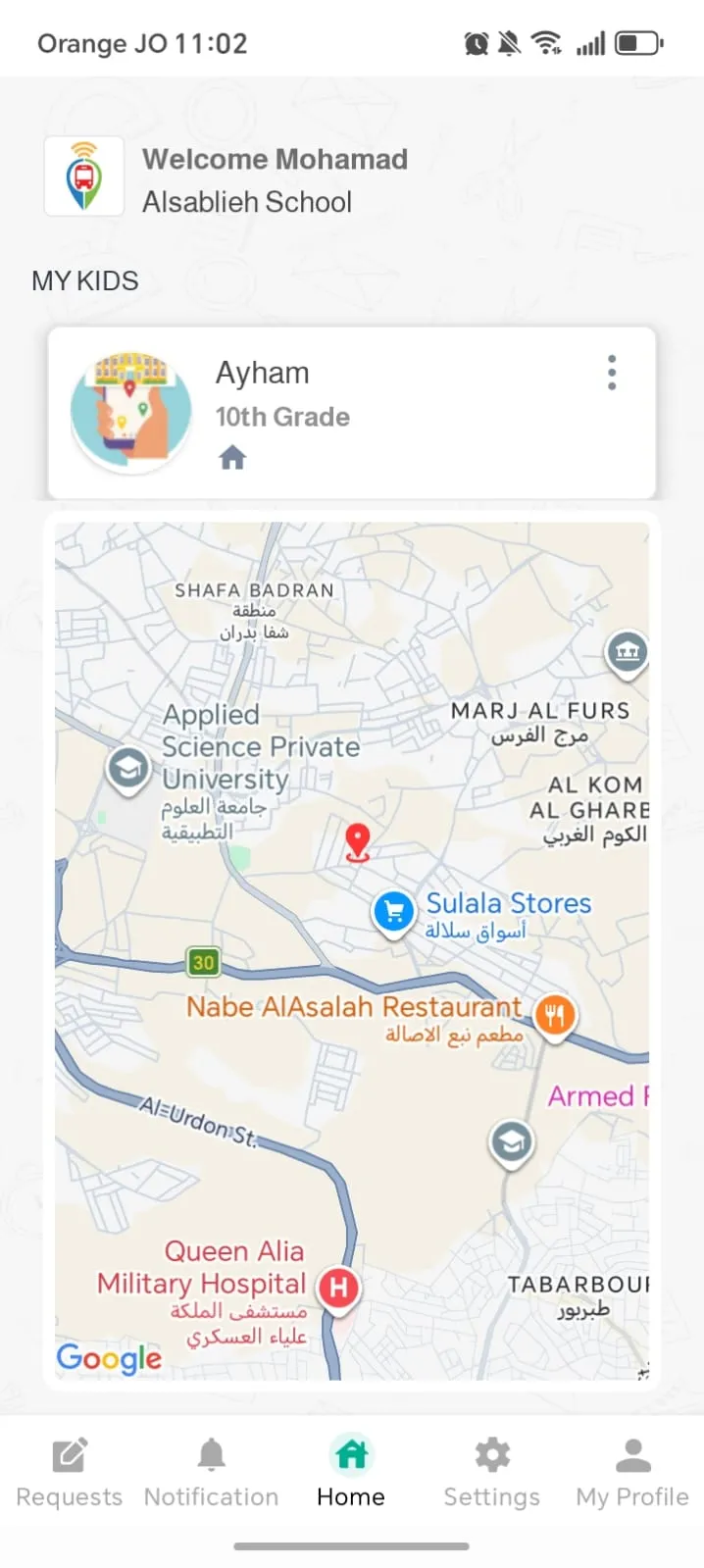 Parents app — live map with the child's stop