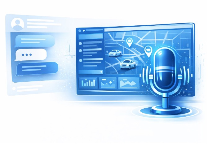 JoTrack AI voice assistant — speak commands, the fleet map and chat respond